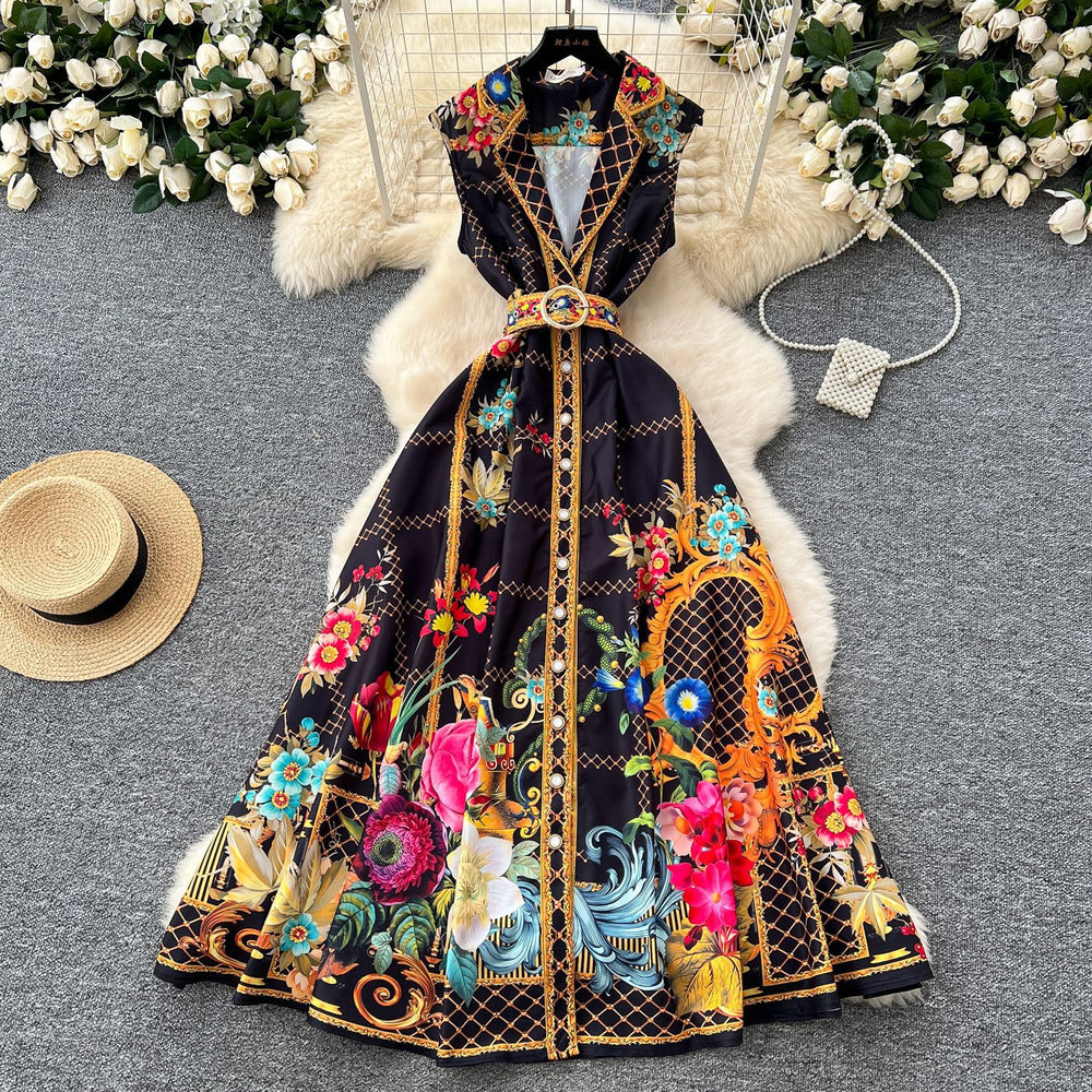 European and american retro court style v-neck sleeveless fashion placement print cinched waist slimming single-breasted long dress - spring collection
