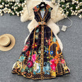 European and american retro court style v-neck sleeveless fashion placement print cinched waist slimming single-breasted long dress - spring collection