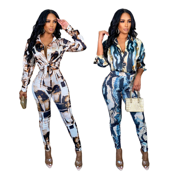 MM2147 European and American  supply  glossy irregular printing women's shirt pencil pants set