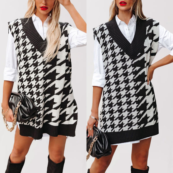 2025   autumn and winter new European and American loose V-neck thousand bird grid knitted sweater  sleeveless vest