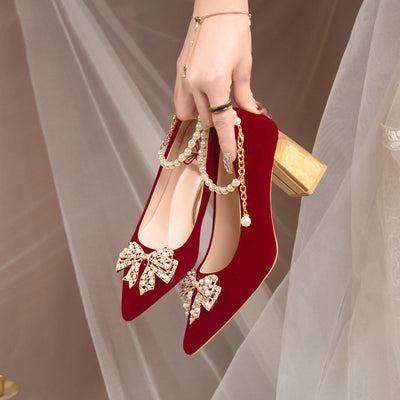 Wedding shoes for women with thick heels 2023fall and winternew arrival bride red non-tiring feet wedding dress xiuhe two-piece suit