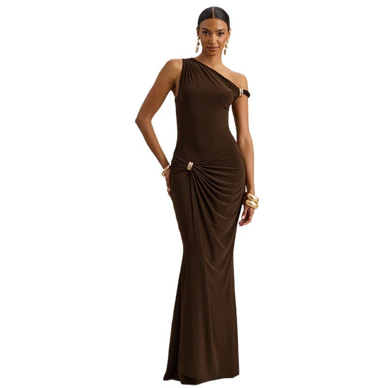 European and american cross-border women's clothing:  summer new arrival - elegant socialite style one-shoulder irregular metallic buckle dress