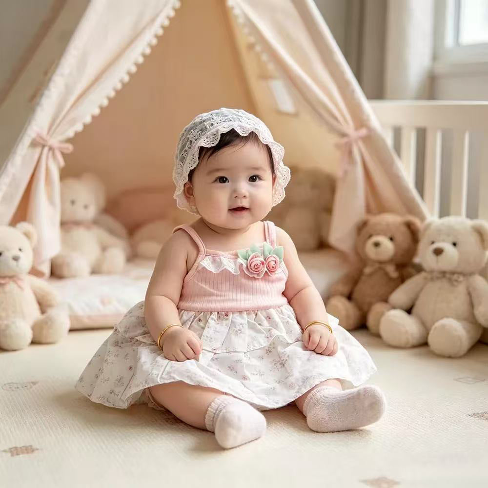 Summer lightweight romper dress - stylish triangle bodysuit for babies - floral print summer outfit - infant one-piece