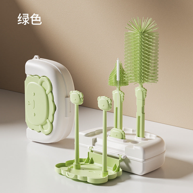 Cartoon baby bottle brush set - portable silicone nipple brush, baby cleaning brush, travel size with drain rack