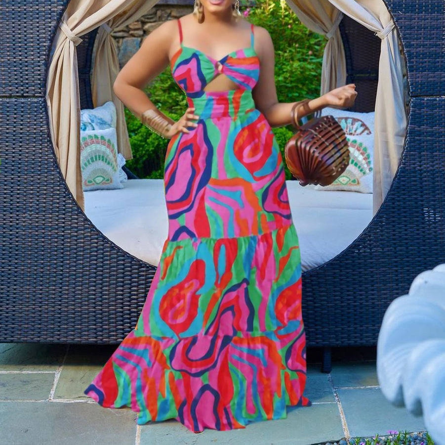 Q062 independent station new large size women's suspender sexy printed sleeveless backless cross-border long skirt fashion dress