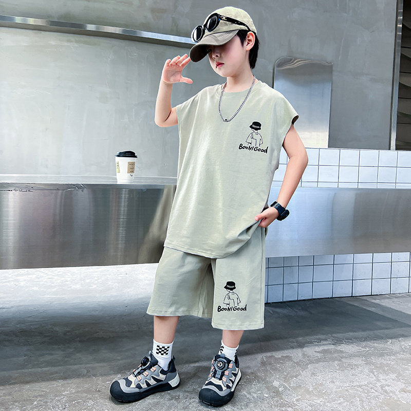 Boys' summer outfit set  new kids' summer tracksuit big kids' tank top stylish boy's lightweight two-piece set