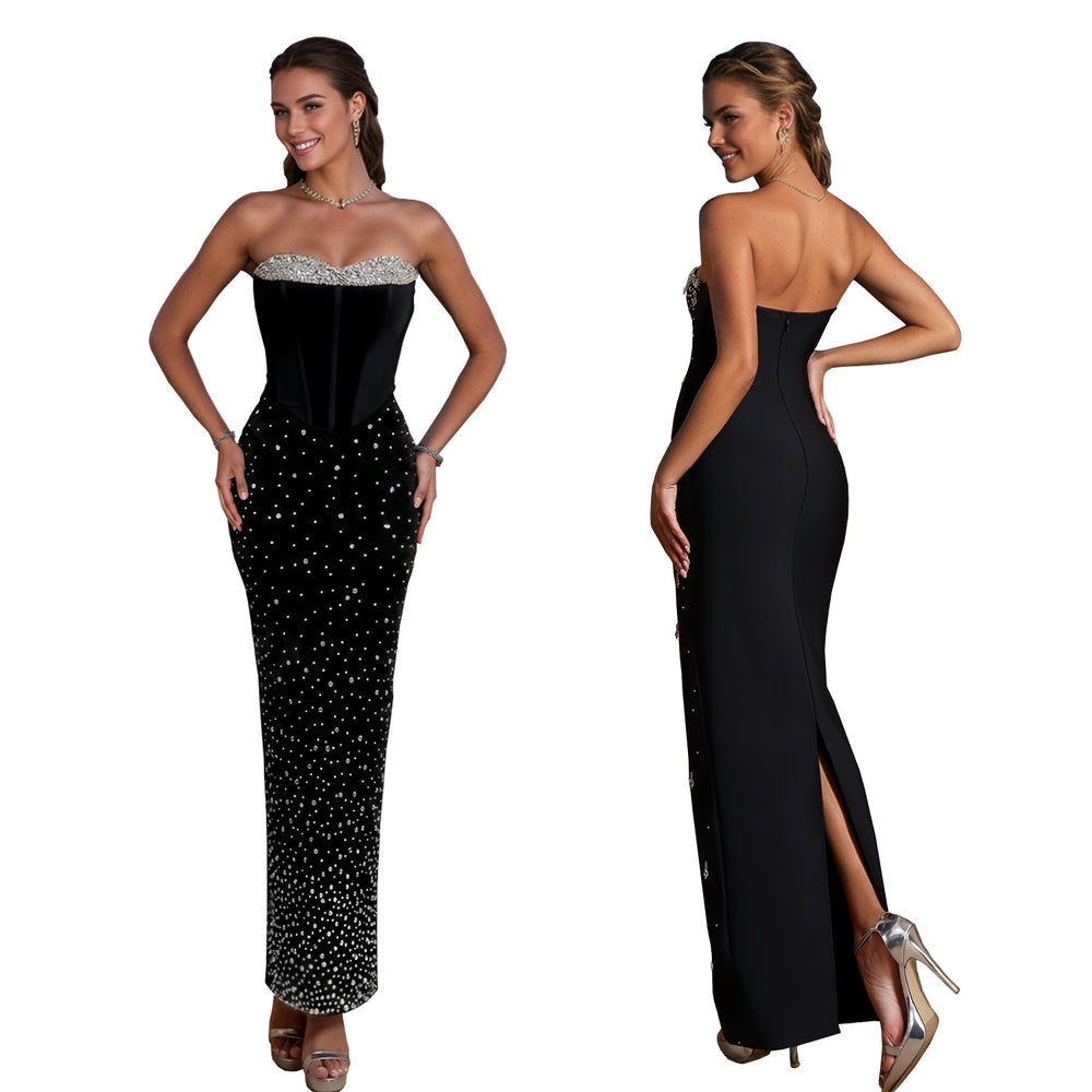 C7773 cross-border  new women's sexy bandeau dress with hotfix rhinestones, high-end light luxury socialite banquet evening gown