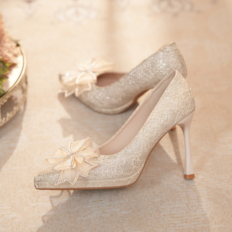 Champagne pointed toe high heels women's wedding shoes xiuhe wedding dress two-wear bridesmaid shoes rhinestone bows waterproof platform pueraria lobata