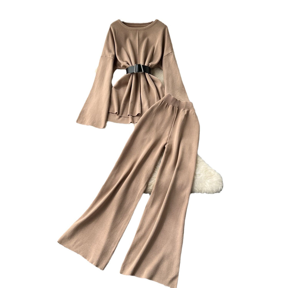 European and american chic fashion set for women - autumn/winter flared sleeve, cinched waist, loose knit sweater top with high-waisted wide leg casual pants