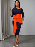 Slant collar contrast colorpatchwork party dress, mid-sleeve waist, asymmetrical pleated bowsilm hip skirt