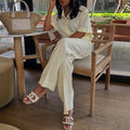 European and american cross-border women's fashion  autumn/winter new collection: stylish turn-down collar solid color short-sleeve shirt and wide-leg casual pants set