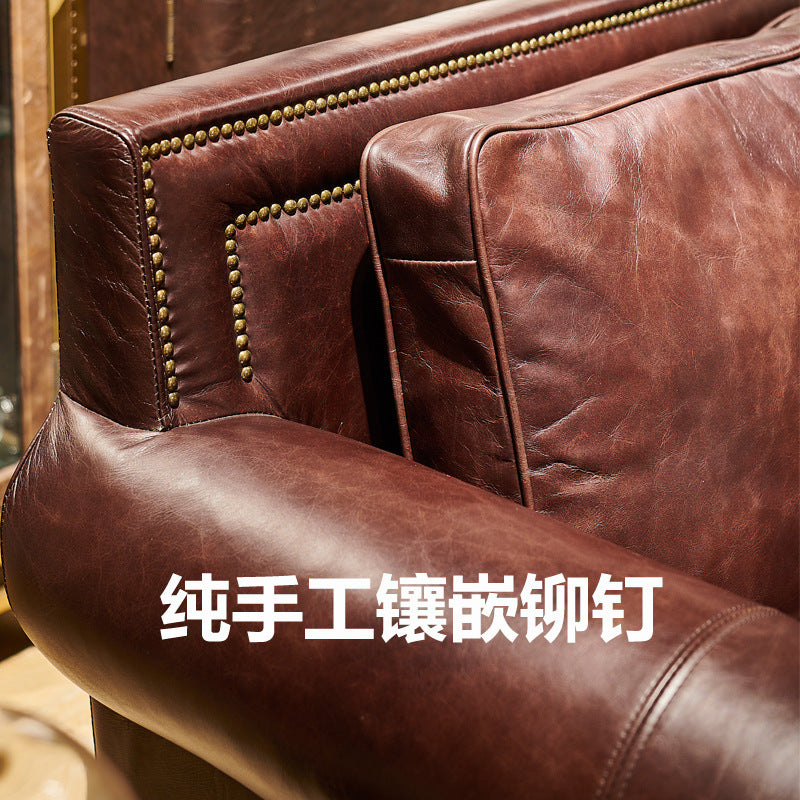 Second-hand style european and american style genuine leather sofa living room retro oil wax first layer cowhide straight row down living room rivet sofa