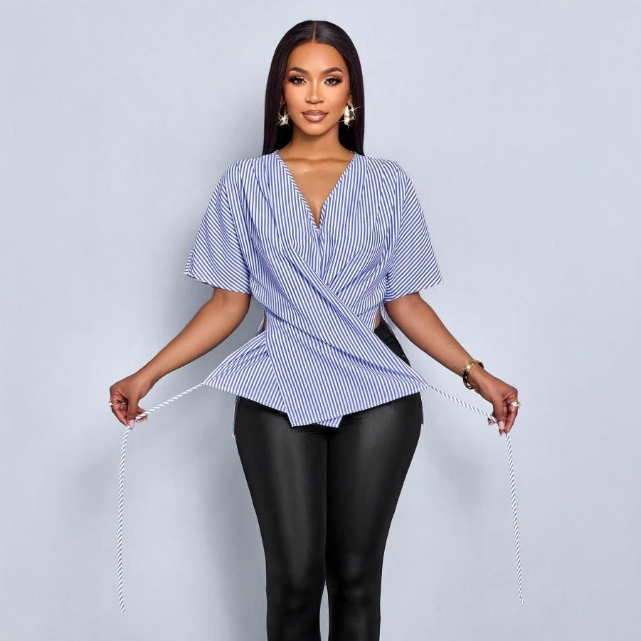 European and american cross-border  summer new striped irregular sexy fashion short-sleeve shirt v-neck top women's blouse