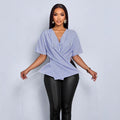 European and american cross-border  summer new striped irregular sexy fashion short-sleeve shirt v-neck top women's blouse
