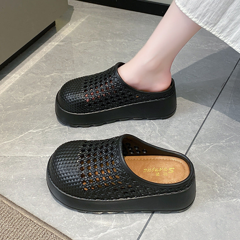 Summer new thick soleplatform shoes non-slip cut out breathable half slippers women's sandals pure color cut outoutwear toe shoes