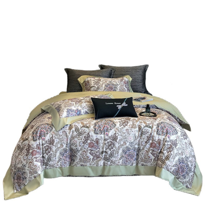 Spring and summer light luxury high-end 100s long-staple cotton printed bed four-piece set pure cotton wide-edge quilt cover cotton bed sheet 4