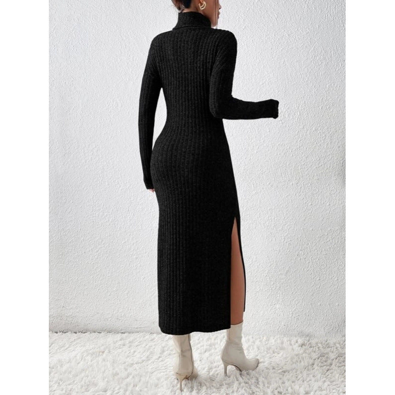 Women's turtleneck ribbed knit midi dress - autumn/winter long sleeve slim fit slit knit dress