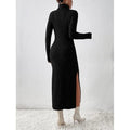 Women's turtleneck ribbed knit midi dress - autumn/winter long sleeve slim fit slit knit dress