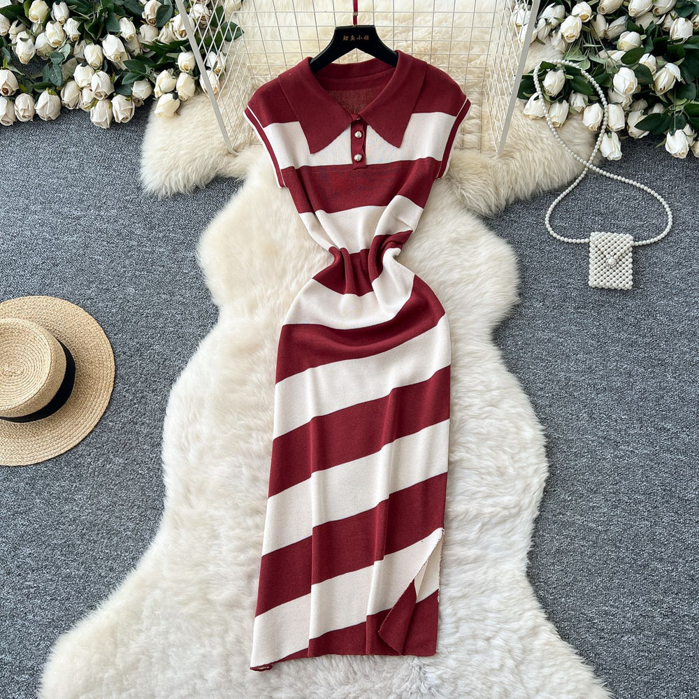 Niche styleretrofashionpolo collar short sleevecontrast colorstripesknittingdress women's waist slit sweater skirt