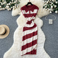 Niche styleretrofashionpolo collar short sleevecontrast colorstripesknittingdress women's waist slit sweater skirt
