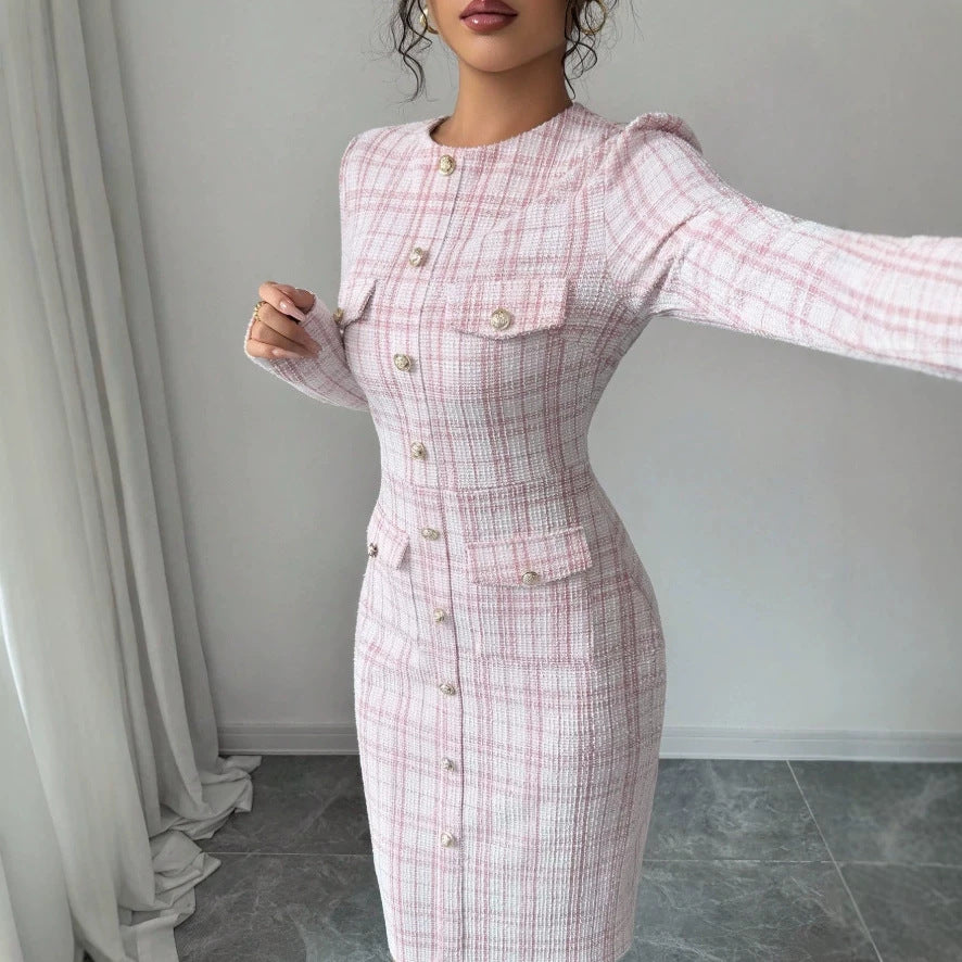 new european and american cross-border e-commerce women's pink slim-fit elegant dress