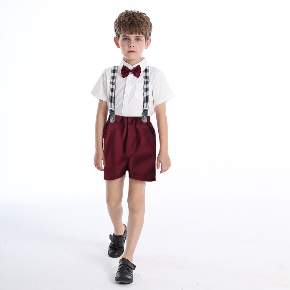 Kids' summer outfit set: boys' short-sleeve white shirt, host/flower boy dress, performance costume, children's clothing
