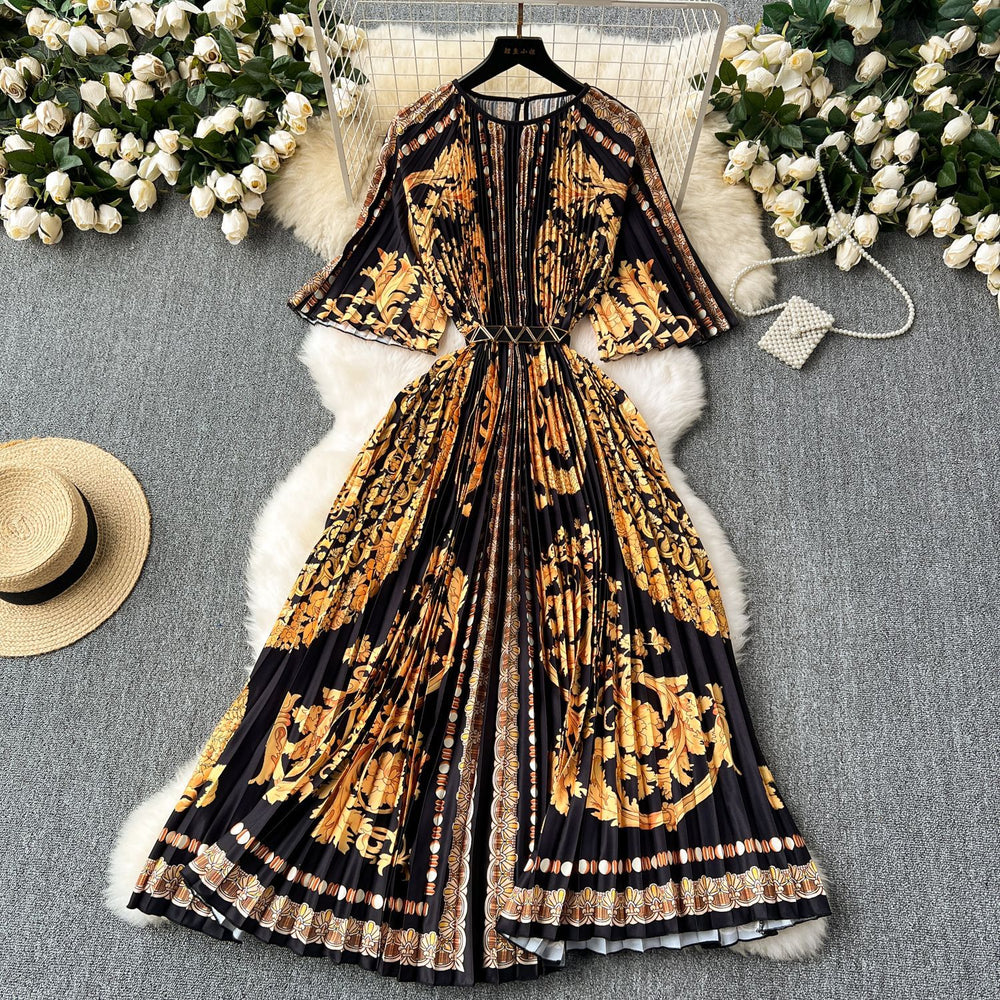 European and american retro court style design printed long dress with heavy pleating, puff sleeves, and pleated skirt - spring collection for women