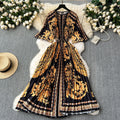 European and american retro court style design printed long dress with heavy pleating, puff sleeves, and pleated skirt - spring collection for women