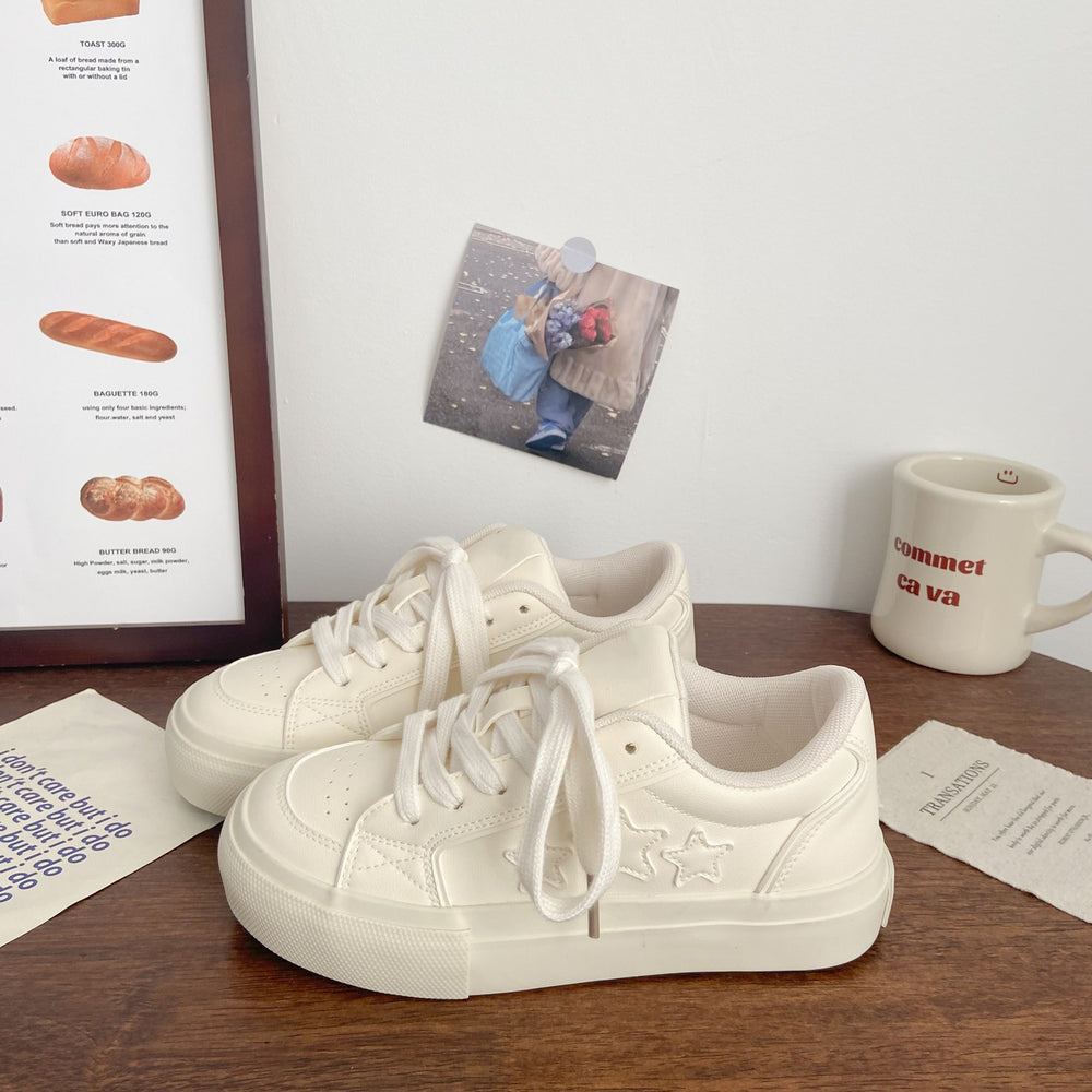 Creamy white chunky sole white sneakers - women's star edition, autumn 2026 new arrival. chic, niche, versatile leather upper, student style athletic skate shoes