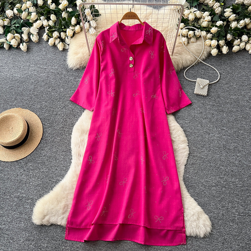Light mature french style red printingdress women's summer diamond bows short-sleeved lapel slimming lookelegantwork clothing skirt