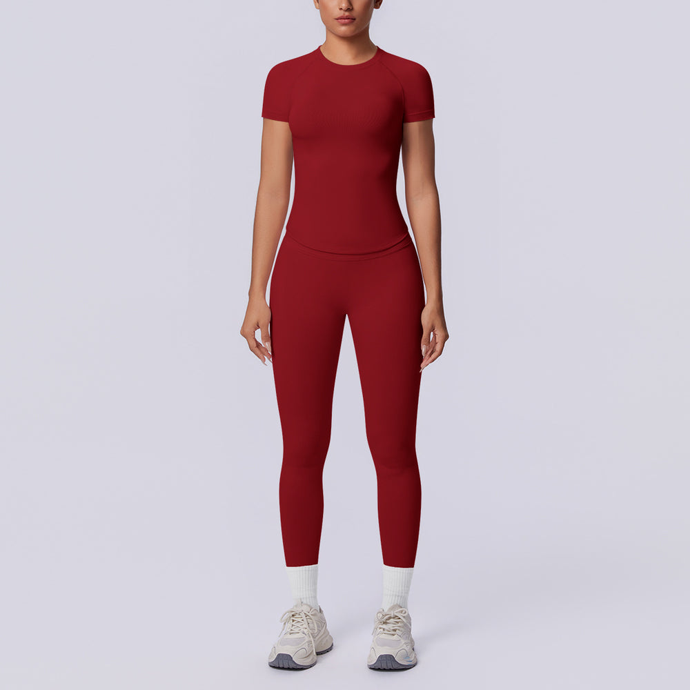 Seamless cross-border yoga set: shaping short-sleeve top & high-waisted butt-lifting leggings - perfect for running and fitness