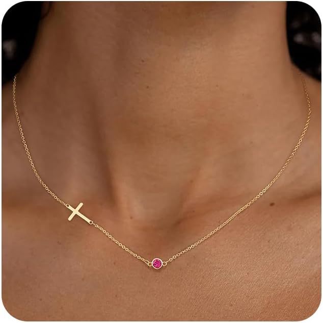Amazon cross-border foreign trade small side cross necklace single side cross and birthstone necklace jewelry girls birthday gift