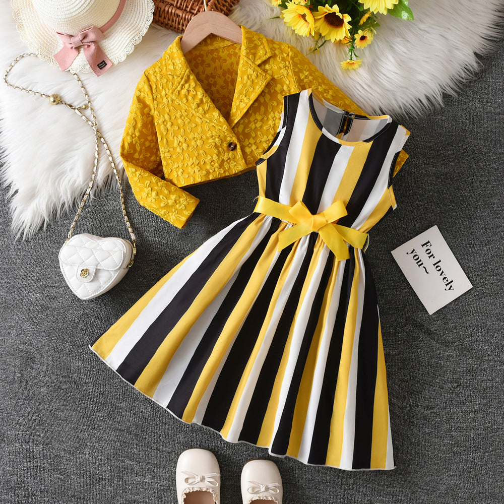 Girls' two-piece foreign trade dress set: yellow and black vertical striped sundress with jacquard cardigan and collared jacket