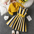 Girls' two-piece foreign trade dress set: yellow and black vertical striped sundress with jacquard cardigan and collared jacket