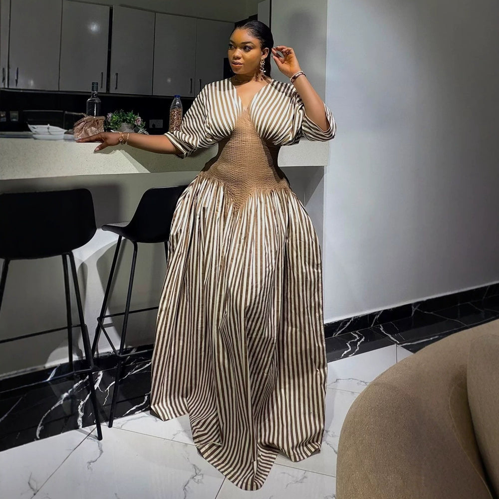 European and american cross-border women's clothing:  summer new arrival - elegant, high-end striped pleated waist-defining long a-line dress