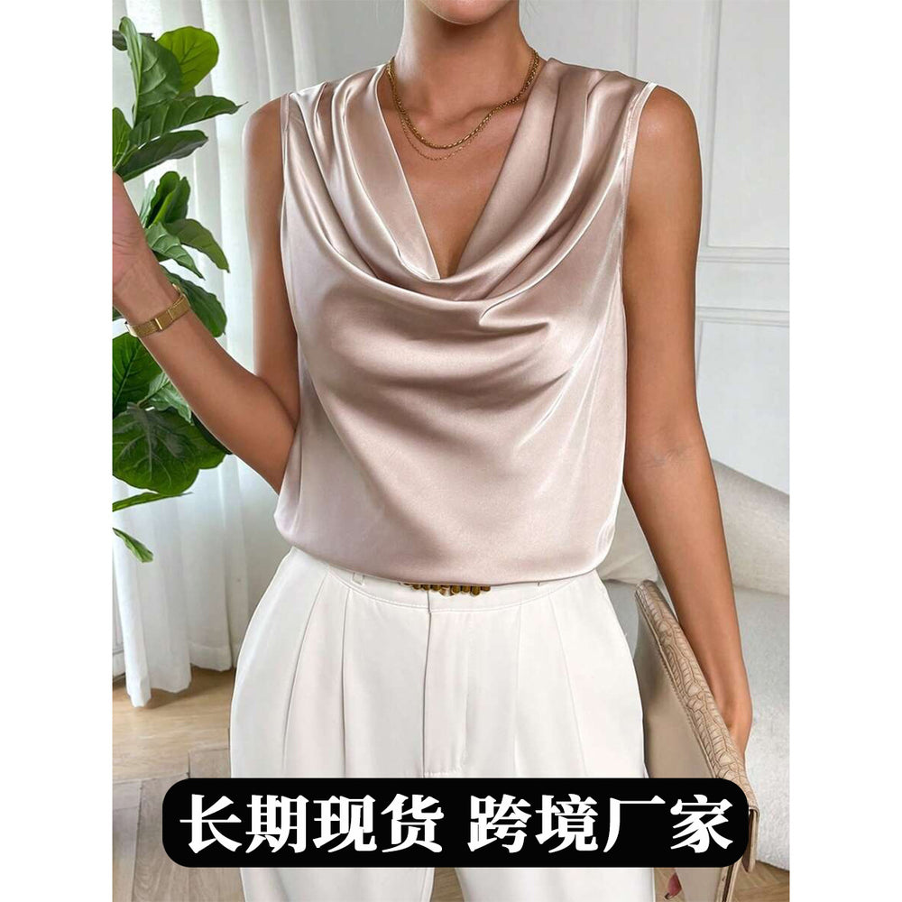 European and american cross-border women's satin blouse - spring/summer drapey ruched sleeveless satin-like silk shirt top