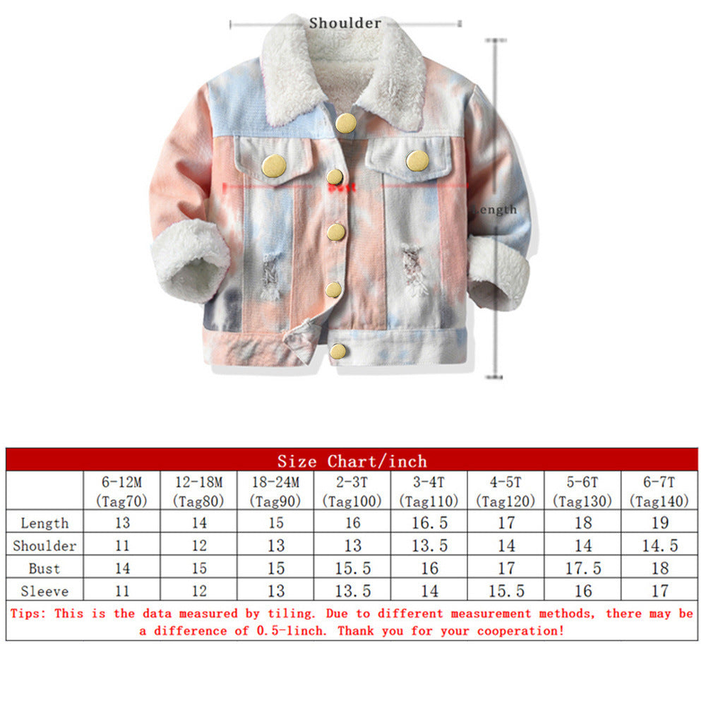 New arrivalkids winter outweargirlk-style tie-dye thick imitation cashmerelapel baby denim fleece-lined cotton jacket