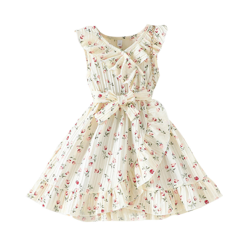 summer new arrival: girls' solid beige floral print ruffle collar dress with belt - ready stock wholesale