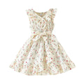 summer new arrival: girls' solid beige floral print ruffle collar dress with belt - ready stock wholesale
