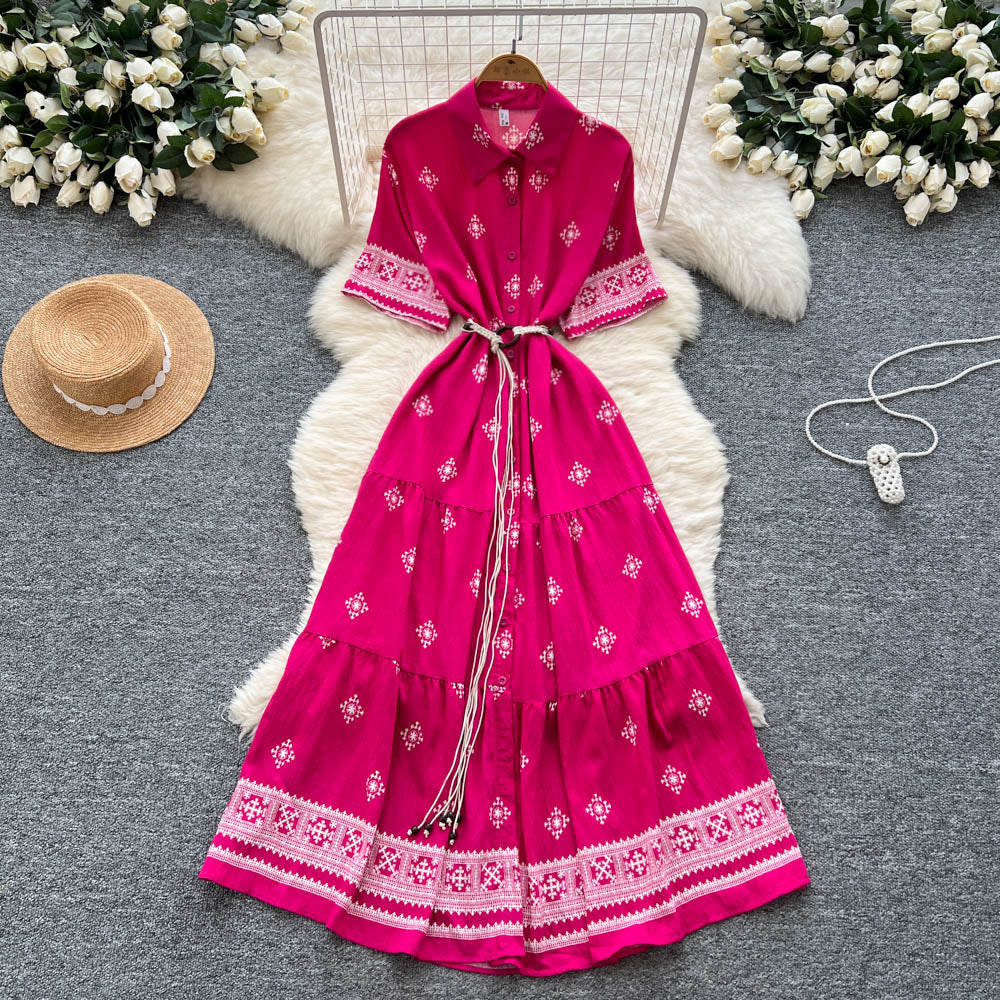 summer women's vintage-inspired short-sleeve tie-waist single-breasted printed dress - slimming maxi dress