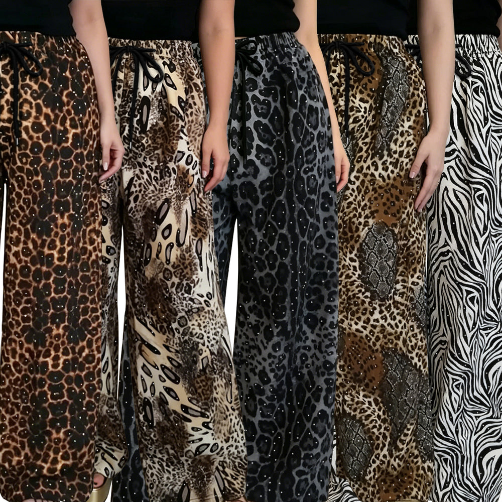 C7768 cross-border  new women's rhinestone drawstring wide-leg pants, vintage animal print casual trousers