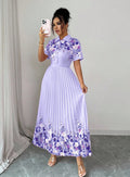 european and american new retro orange blossom patchwork shirt dress with turn-down collar, short sleeves, cinched waist, and long pleated skirt