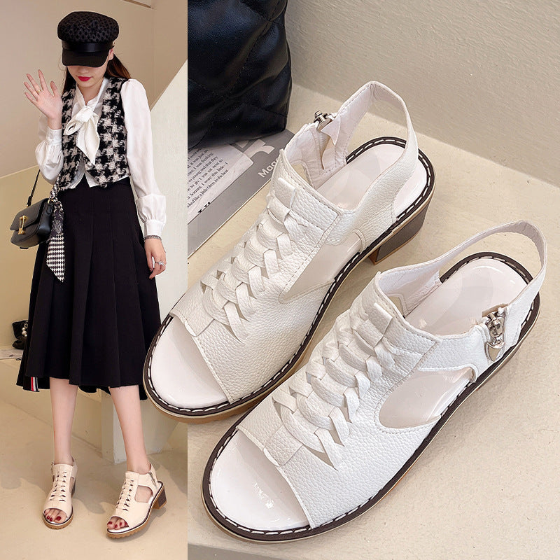 Foreign trade sandals women's 2022 summer fish mouth thick heel high heel hollow waterproof table zipper Roman women's shoes  delivery