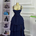 European and american cross-border women's fashion:  summer new arrival - elegant high-waisted blue slit cami dress with ruffle trim