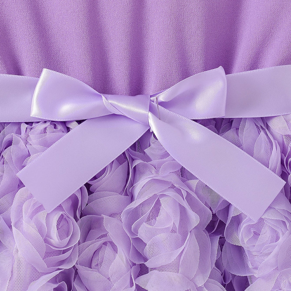 summer girls' purple pearl bubble sleeve princess dress with bow and 3d rose detail - trendy formal dress