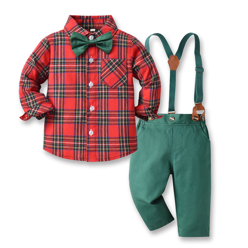 Boys' suit set - new export style, kids' christmas gentleman outfit, long-sleeve plaid shirt, autumn/winter green overalls