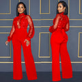 X6053 cross-border   fashion women's hollow-out see-through long sleeve pants tie-up jumpsuit