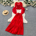 French riviera style red ruffle flare sleeve v-neck blouse and high-waisted midi skirt two-piece set - women's autumn chic