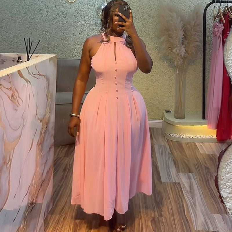 European and american cross-border women's fashion:  summer new arrival - elegant halter neck sleeveless slim-fit pink midi dress