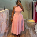 European and american cross-border women's fashion:  summer new arrival - elegant halter neck sleeveless slim-fit pink midi dress